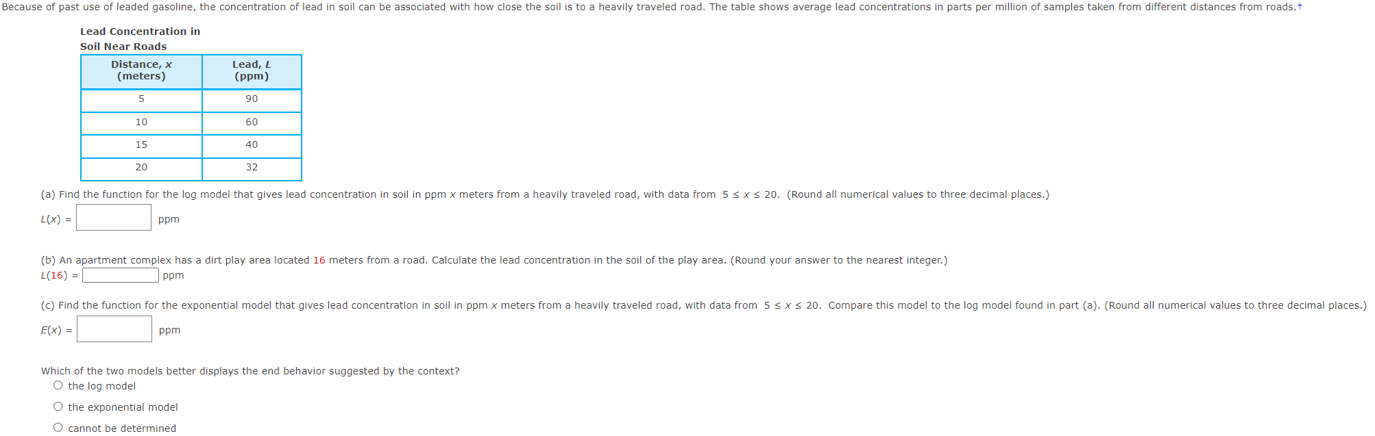 Solved Lead Concentration in L(x)=ppm L(16)=ppm E(x)= ppm | Chegg.com