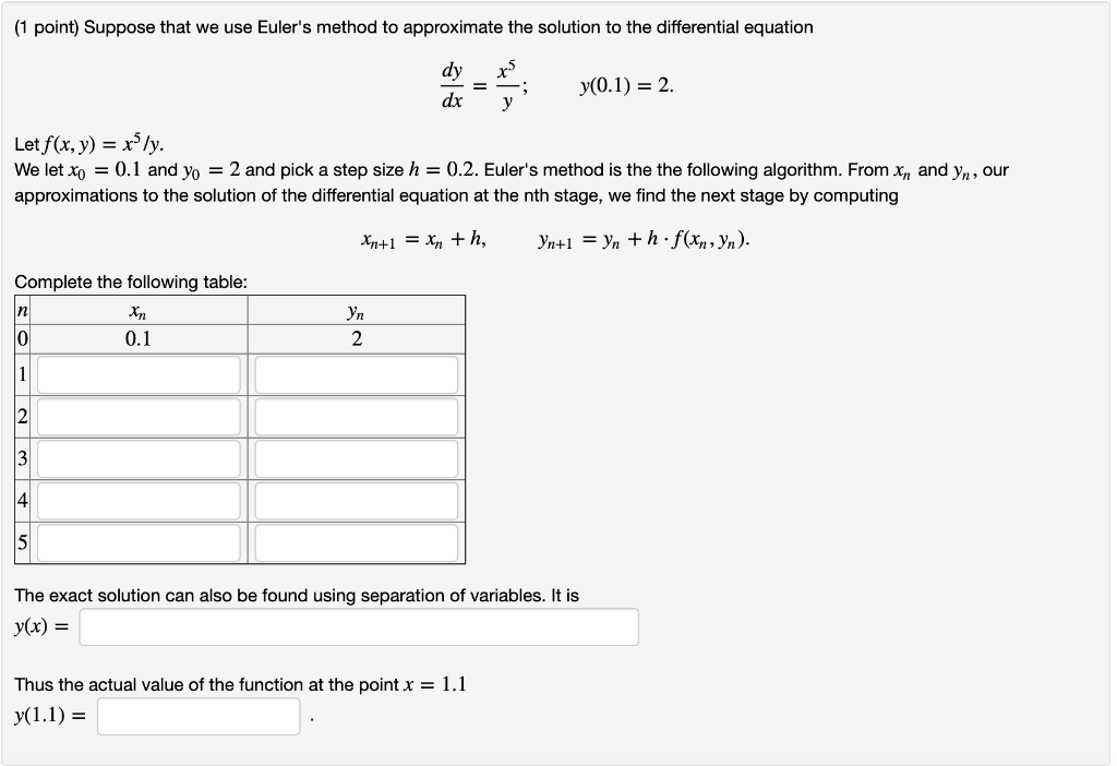 Solved (1 Point) Suppose That We Use Euler's Method To | Chegg.com