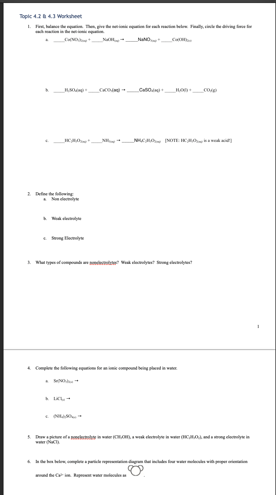 Solved Topic 2222.22 & 2222.22 Worksheet 22. First, balance the  Chegg.com With Regard To Net Ionic Equations Worksheet