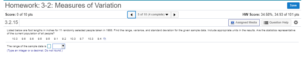 Solved Homework: 3-2: Measures of Variation Save 5 of 10 (4 | Chegg.com