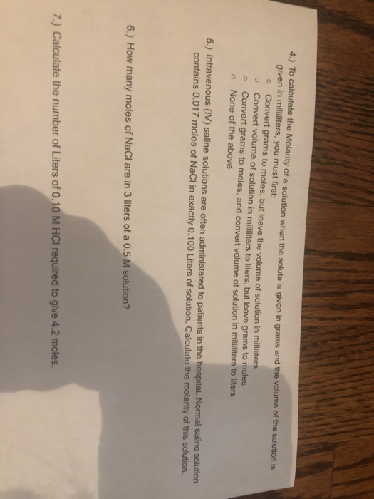 Solved 4.) To calculate the Molarity of a solution when the | Chegg.com