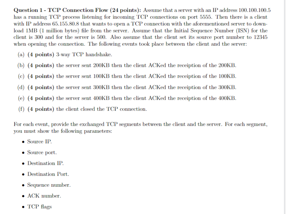 Solved Question 1 - TCP Connection Flow (24 points): Assume | Chegg.com