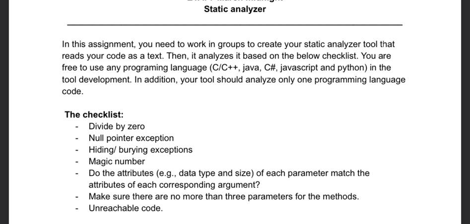 Static analyzer In this assignment, you need to work | Chegg.com