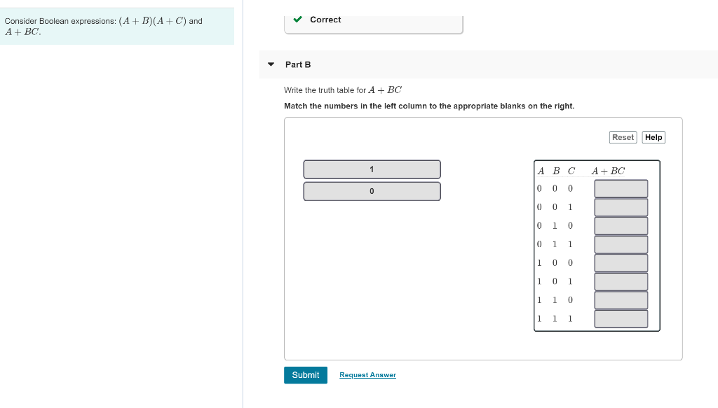 Solved Correct Consider Boolean expressions: (A + B)(A + C) | Chegg.com