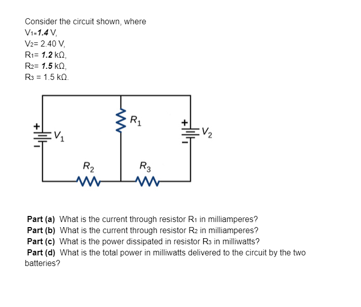 Solved Consider the circuit shown, where V1=1.4 VV2=2.40 | Chegg.com