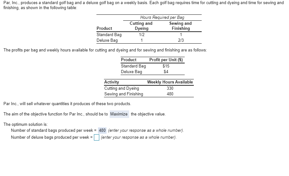Solved Par, Inc., produces a standard golf bag and a deluxe