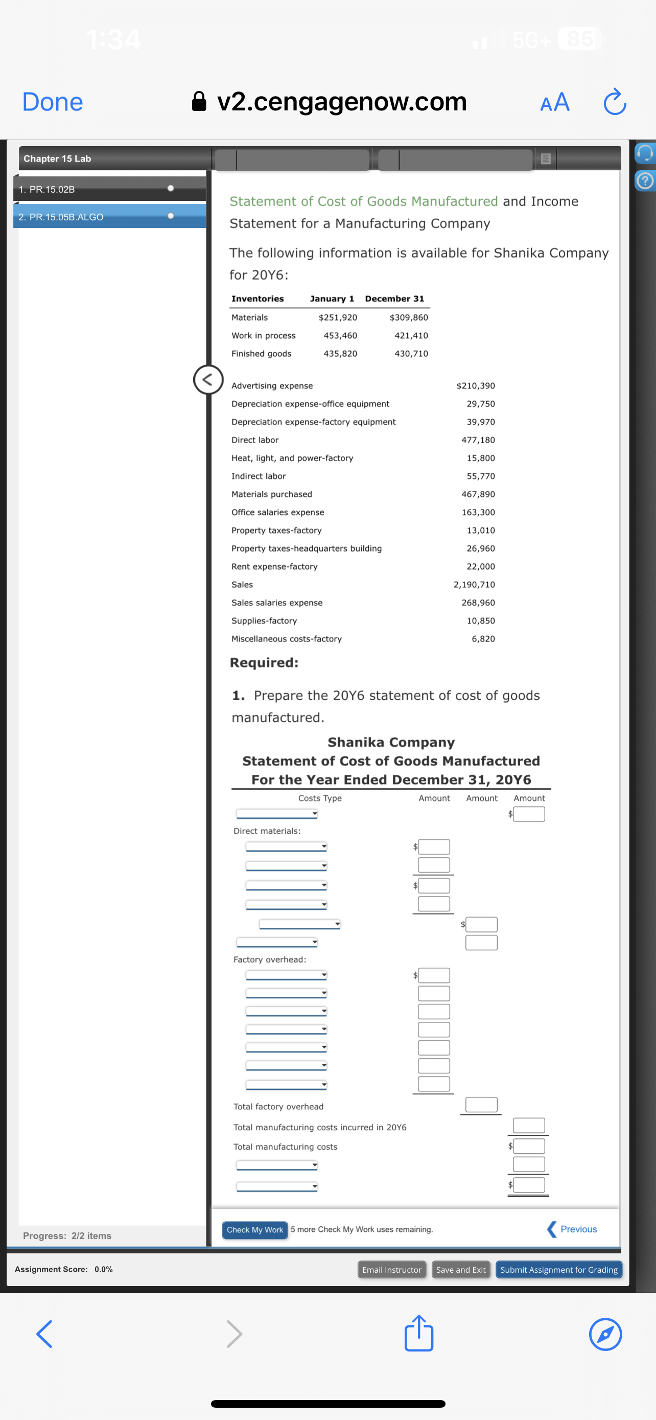 Solved Statement Of Cost Of Goods Manufactured And Income Chegg