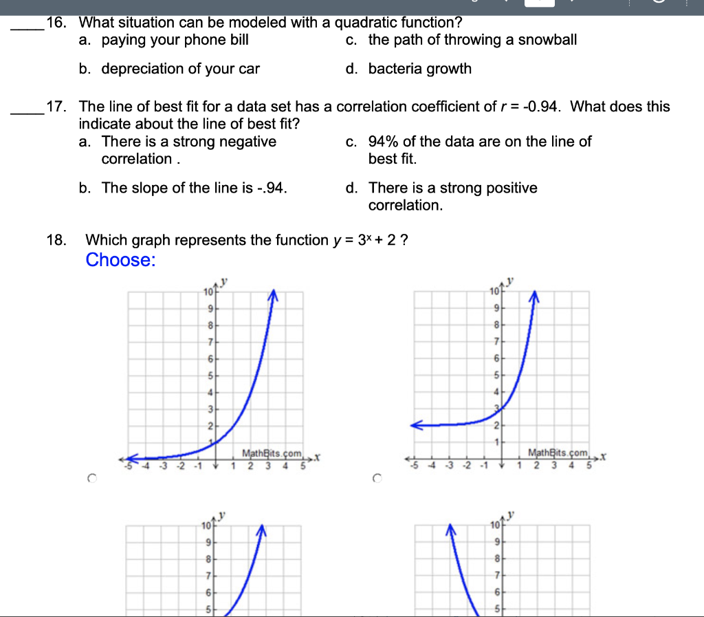 Solved 16. What situation can be modeled with a quadratic | Chegg.com