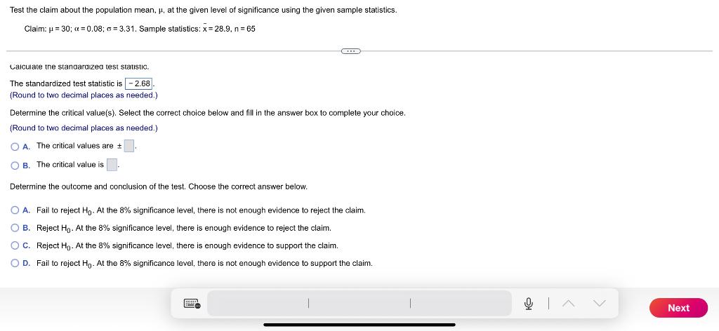 Solved Test the claim about the population mean, h, at the | Chegg.com