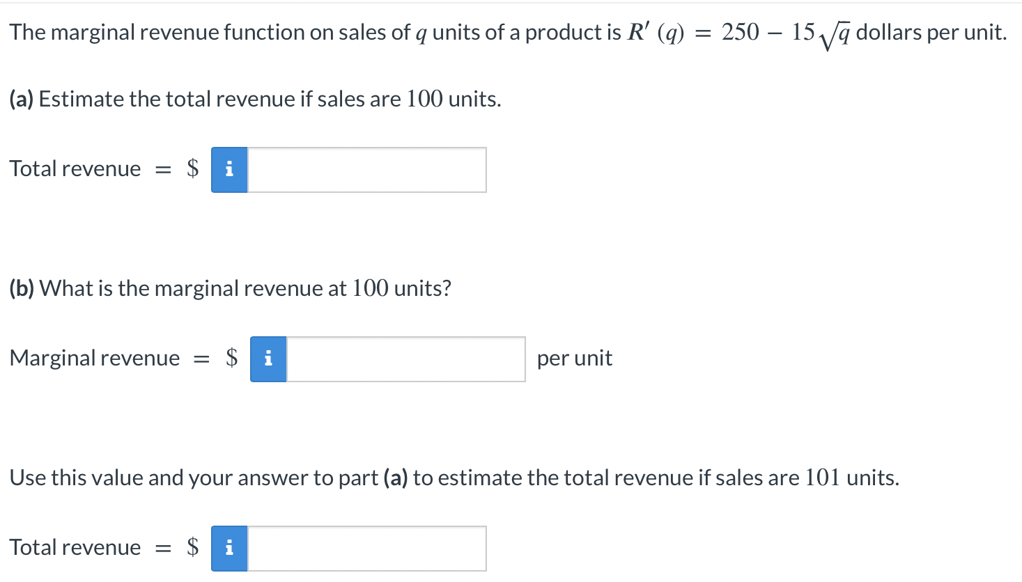 Solved The marginal revenue function on sales of q units of