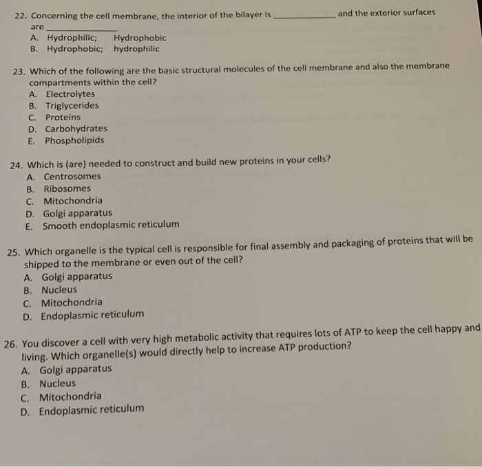 Solved 22. Concerning the cell membrane, the interior of the | Chegg.com