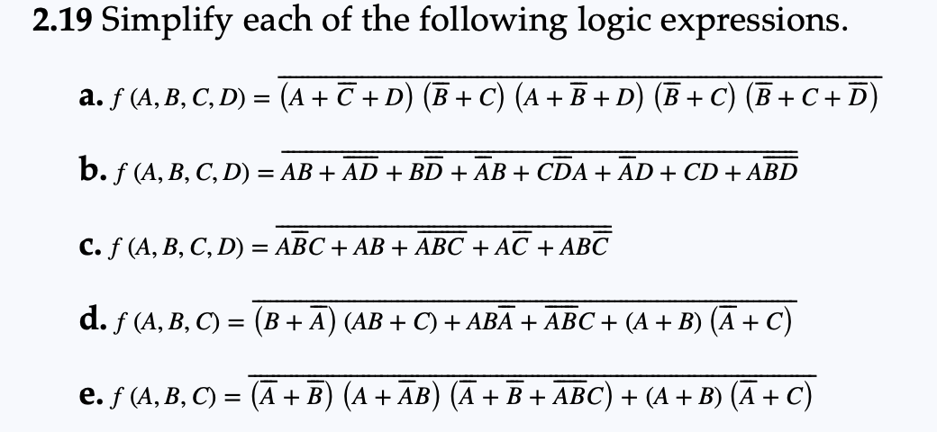 Solved 2.19 Simplify each of the following logic | Chegg.com