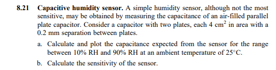 8.21 Capacitive humidity sensor. A simple humidity sensor, although not the most
sensitive, may be obtained by measuring the 