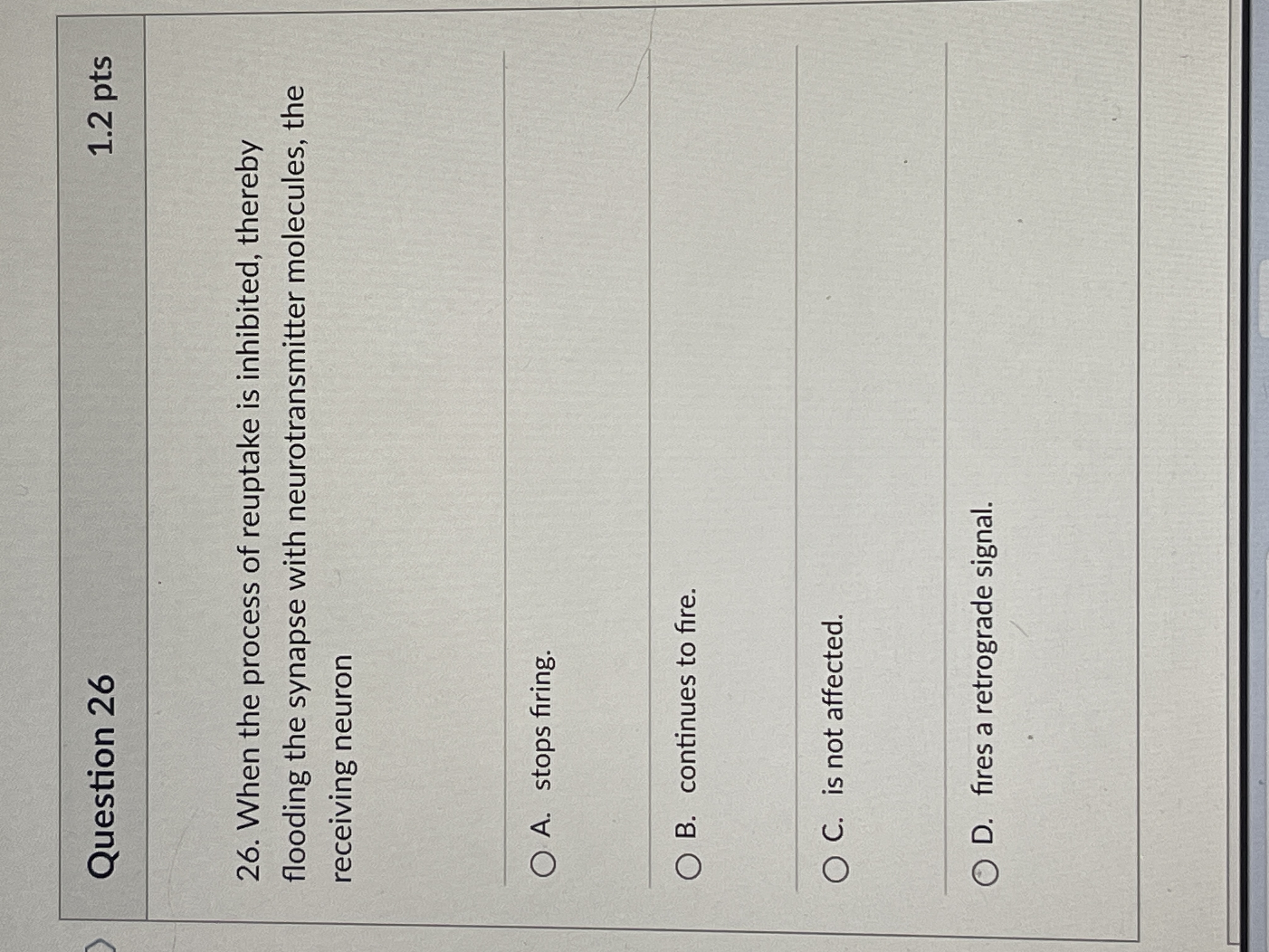 Solved Question 26When the process of reuptake is inhibited, | Chegg.com