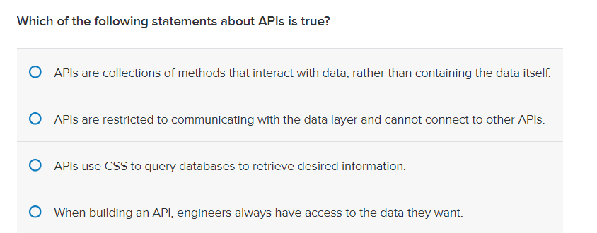 Solved Which of the following statements about APIs is true? | Chegg.com