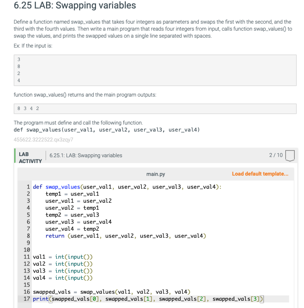 Solved Python 6.25 LAB: Swapping variables Define a | Chegg.com