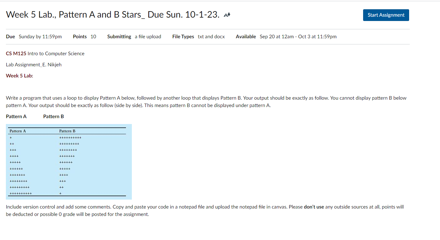 Solved Week 5 Lab., Pattern A And B Stars_ Due Sun. 10-1-23. | Chegg.com