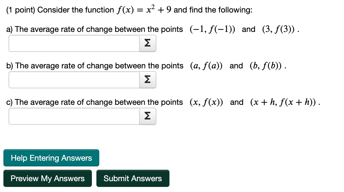 Solved (1 point) Consider the function f(x) = x² + 9 and | Chegg.com