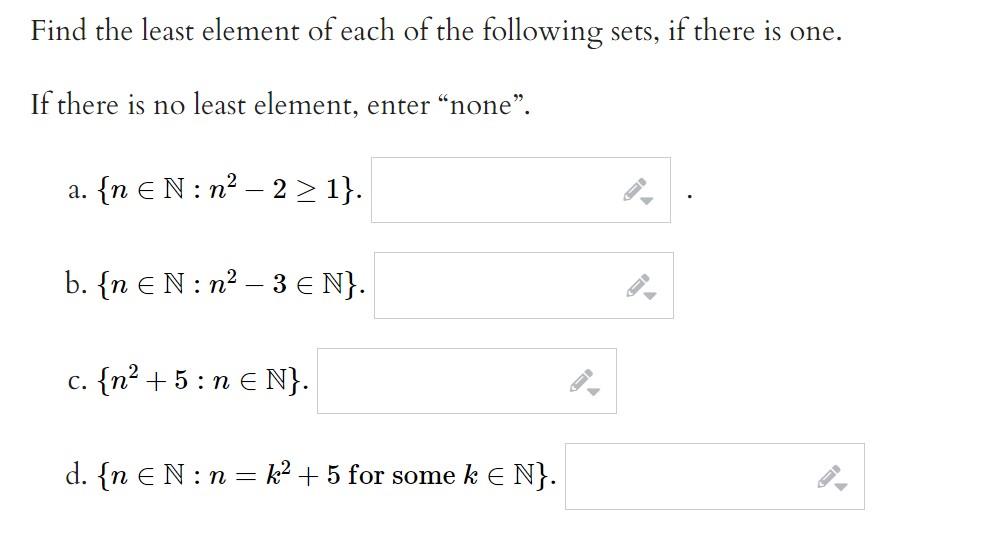 Solved Find the least element of each of the following sets, | Chegg.com