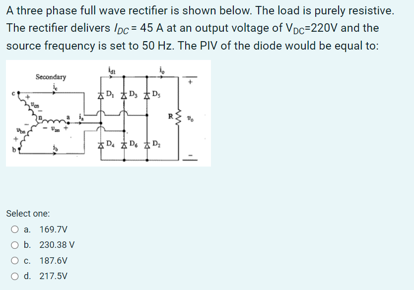 Solved A three phase full wave rectifier is shown below. The | Chegg.com