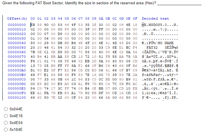 Solved Given the following FAT Boot Sector, Identify the | Chegg.com