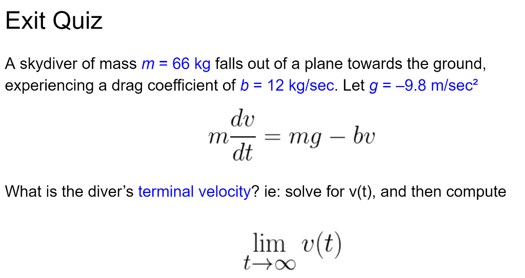 Solved Exit Quiz A Skydiver Of Mass M = 66 Kg Falls Out Of A | Chegg.com