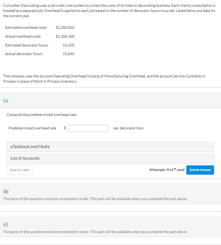 Solved Cullumber Decorating uses a job order cost system to | Chegg.com