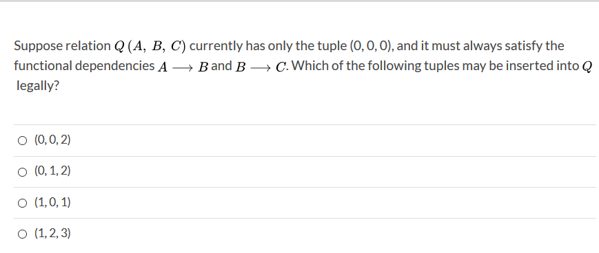 Solved Suppose Relation Q (A, B, C) Currently Has Only The | Chegg.com