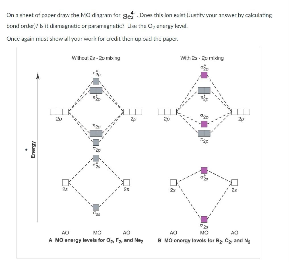 Solved On a sheet of paper draw the MO diagram for Sez. Does | Chegg.com