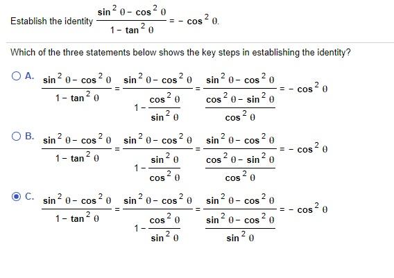 Solved Establish the identity sin 20-cos20 1 - tane - Cos 3 | Chegg.com