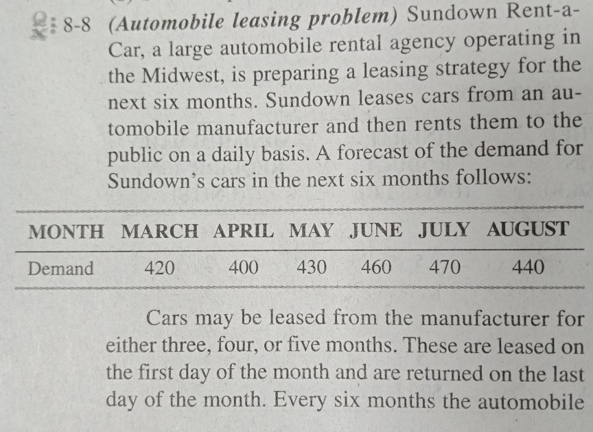 Solved 影8-8 (Automobile leasing problem) Sundown Rent-a- | Chegg.com