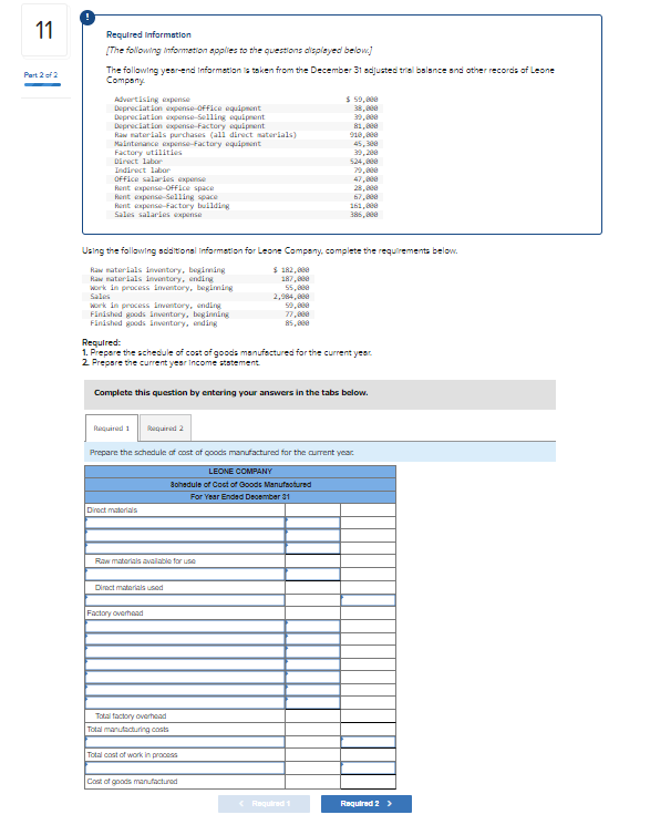 Solved 11 Part 2 of 2 Required information [The following | Chegg.com