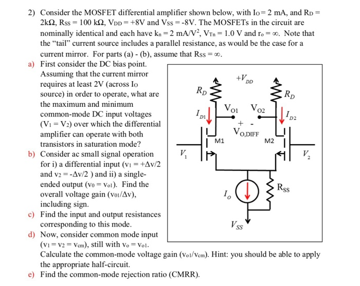 Solved 2) Consider the MOSFET differential amplifier shown