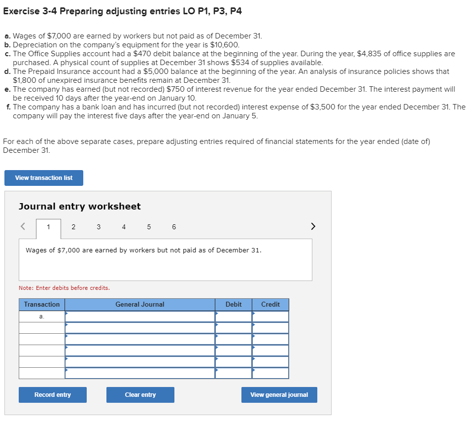 Solved Exercise 34 Preparing adjusting entries LO P1, P3,
