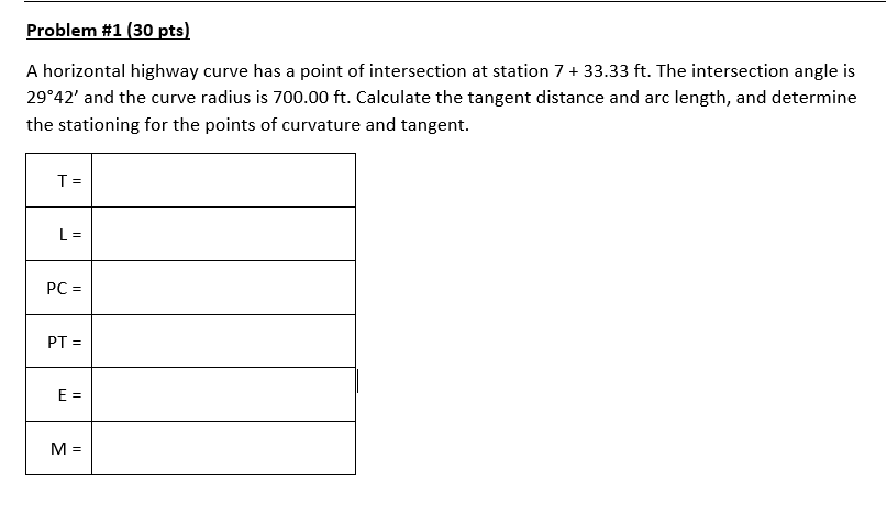 Solved Problem #1 (30 pts) A horizontal highway curve has a | Chegg.com