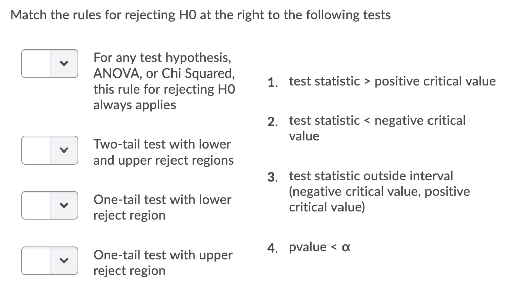 Solved Match the rules for rejecting HO at the right to the | Chegg.com