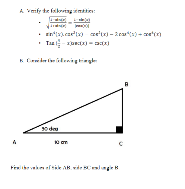 Solved A. Verify the following identities: • ටଵିୱ୧୬ | Chegg.com