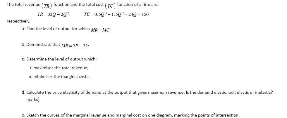 Solved The total revenue (TR) function and the total cost | Chegg.com