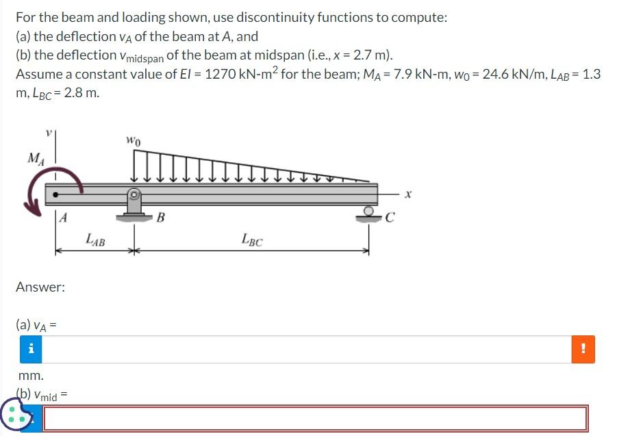 Solved) - For the beam and loading shown, use discontinuity functions to  (2 Answers)