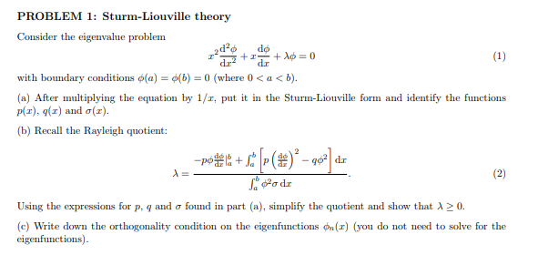 Solved PROBLEM 1: Sturm-Liouville Theory Consider The | Chegg.com