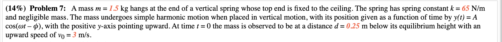 Solved (14\%) Problem 7: A mass m=1.5 kg hangs at the end of | Chegg.com