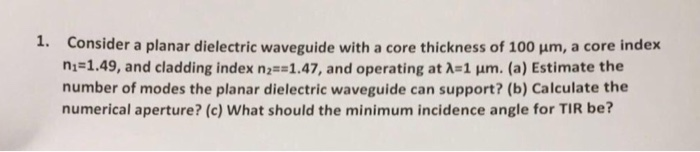 Solved 1. Consider a planar dielectric waveguide with a core | Chegg.com