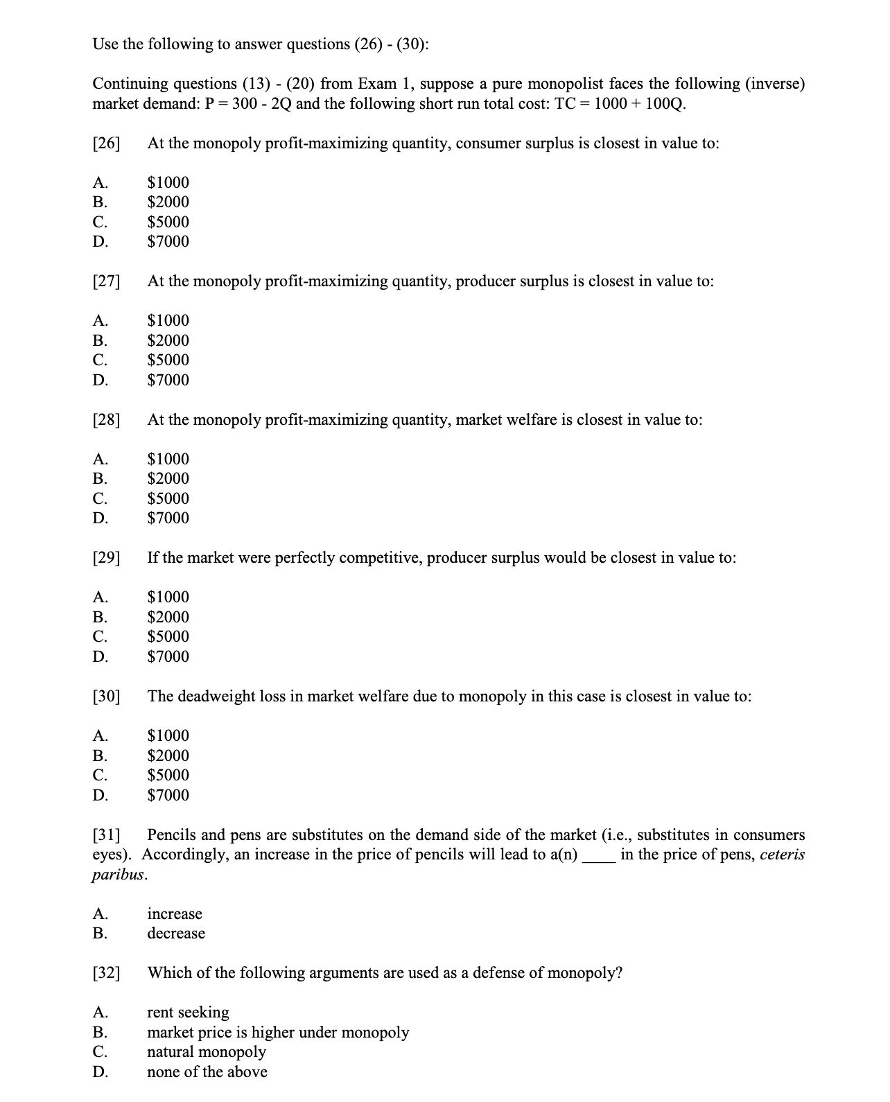 Solved Use the following to answer questions (26) - (30): | Chegg.com