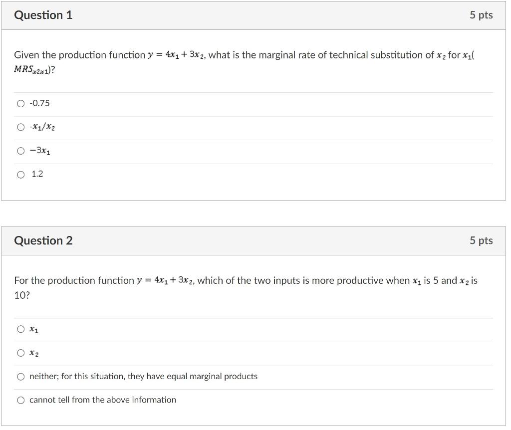 Solved Question 1 5 pts Given the production function y = | Chegg.com
