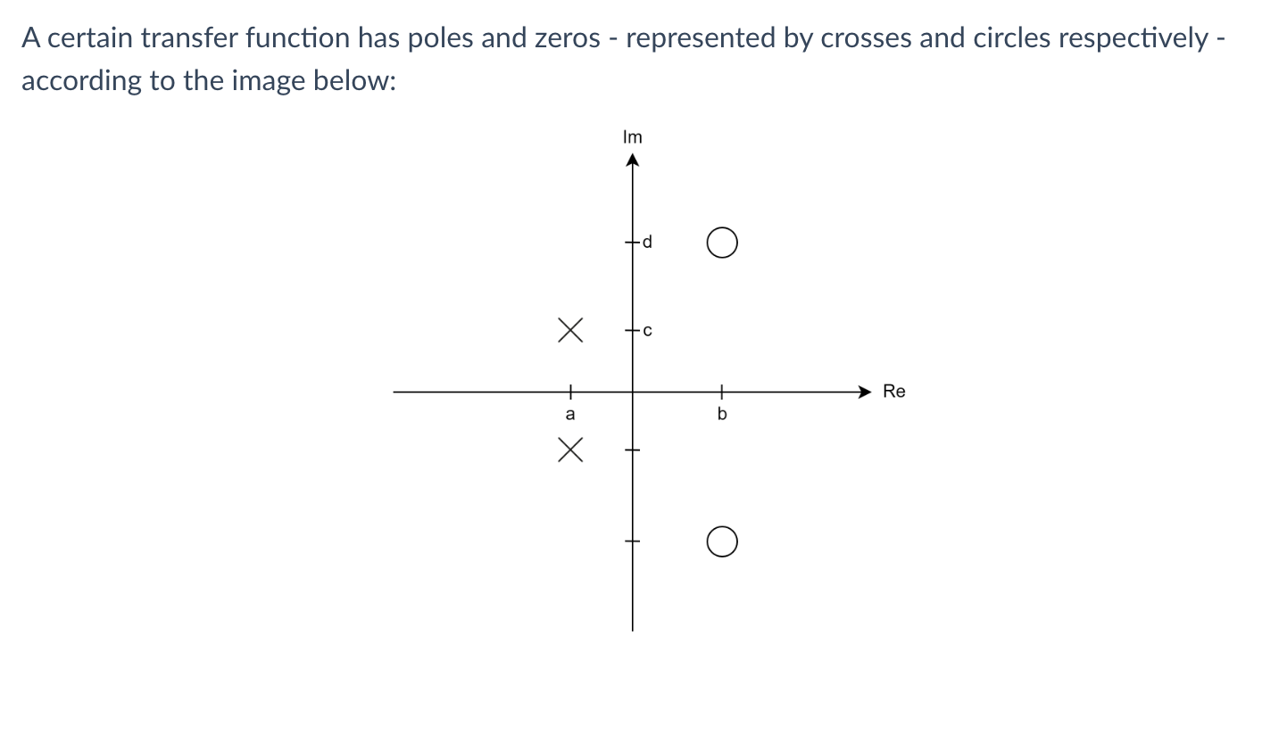 A certain transfer function has poles and zeros - represented by crosses and circles respectively -
according to the image be