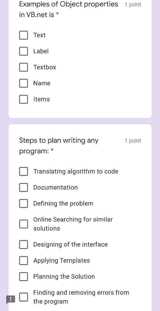 Solved Examples of Object properties 1 point in VB.net is | Chegg.com