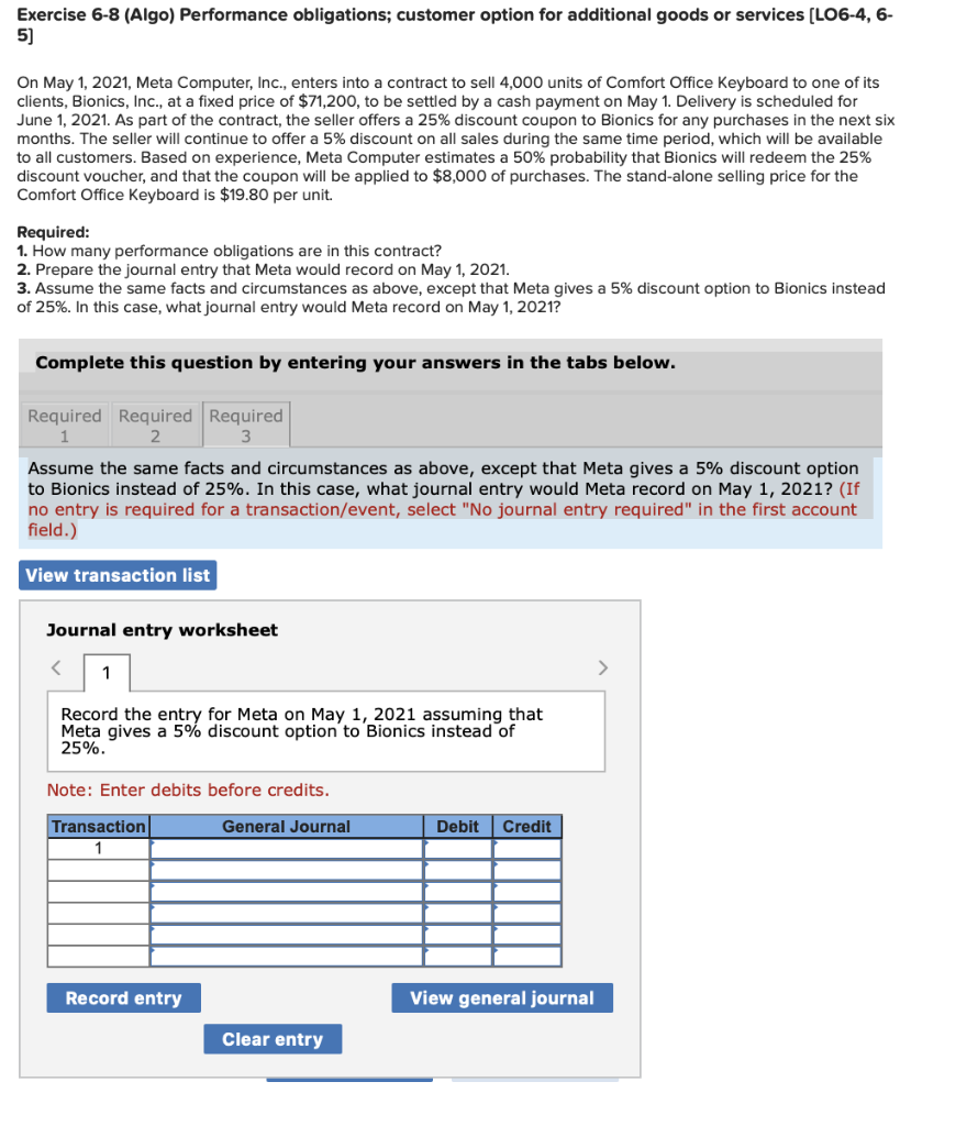 Solved Exercise 6-8 (Algo) Performance Obligations; Customer | Chegg.com