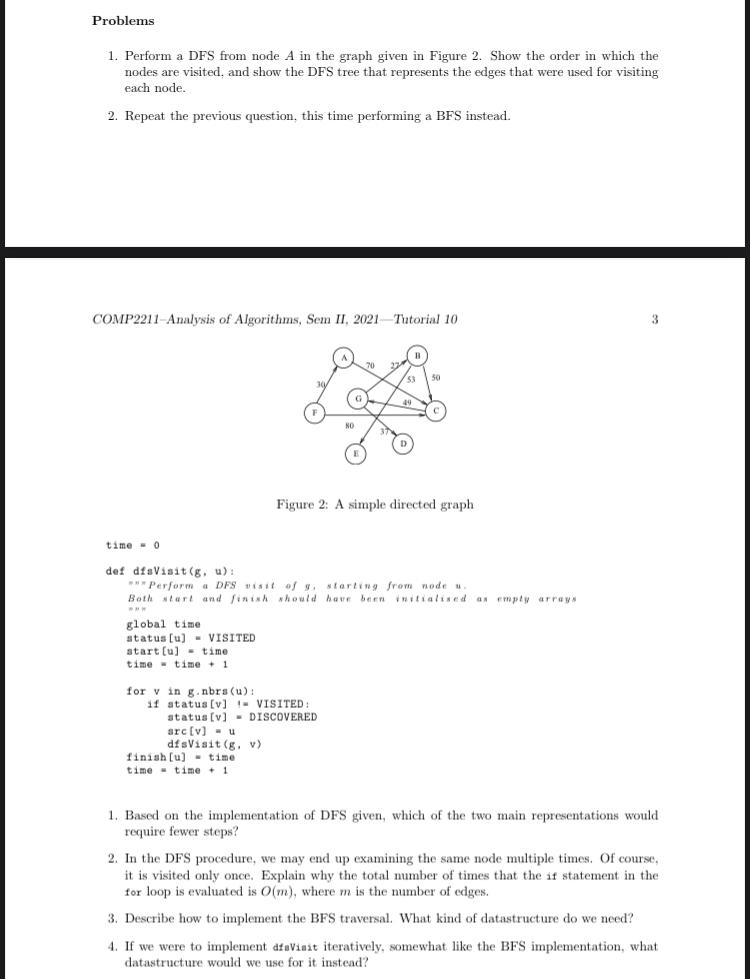 Solved Problems 1. Perform a DFS from node A in the graph | Chegg.com