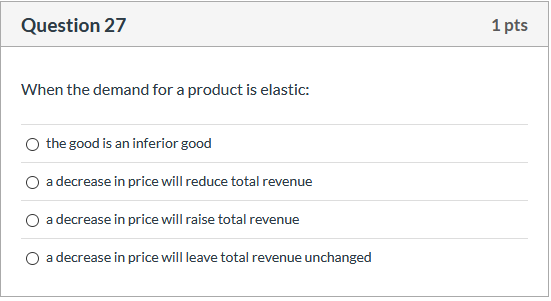 Solved Question 27 1 pts When the demand for a product is | Chegg.com