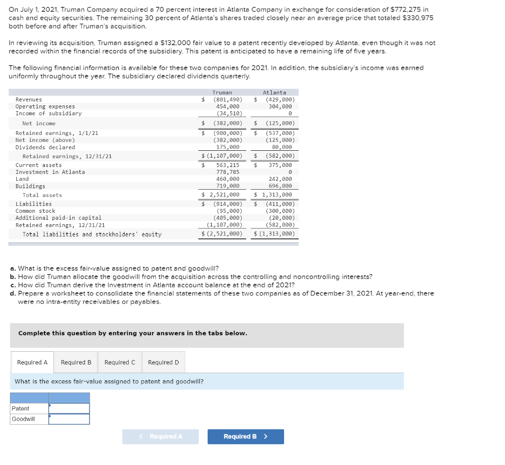 Solved On July 1, 2021, Truman Company acquired a 70 percent | Chegg.com